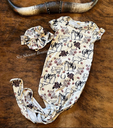 Cowgirl life newborn sleep sack bow set
