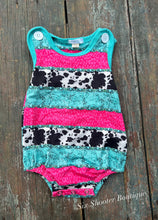 Load image into Gallery viewer, Cowprint cowgirl romper