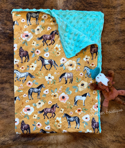 Yellow floral horse baby Minky blanket
