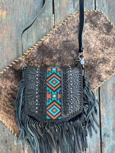 Black fringe Aztec cross body purse