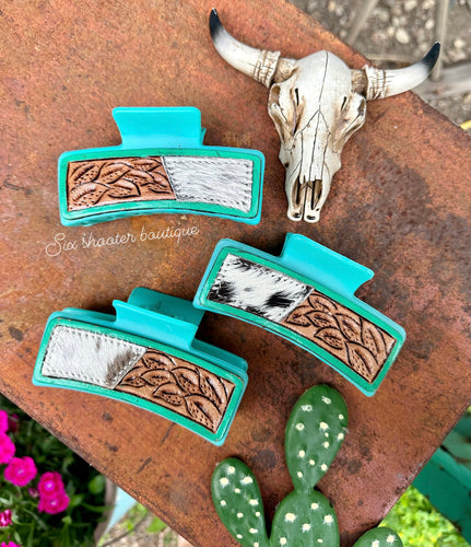 Turquoise hide/ tooled hair claw clip