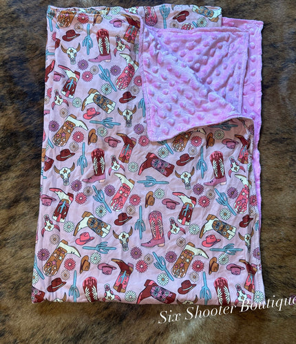 Pink boho cowgirl baby Minky blanket