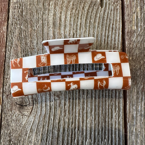 Rust cowgirl checkered print claw clip