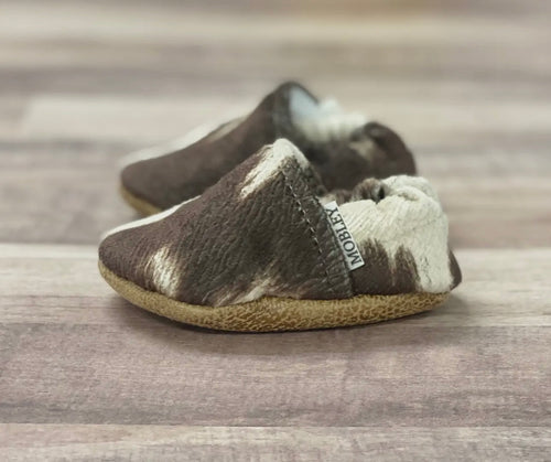 Faux print cowhide baby moccasins