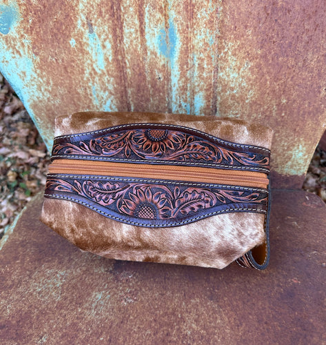 Cowhide tooled makeup bag