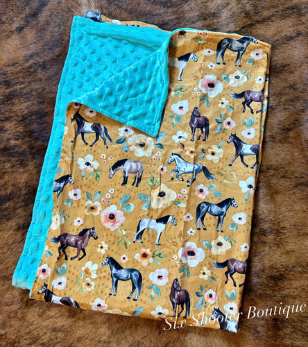 Yellow horses and wild flowers baby Minky blanket