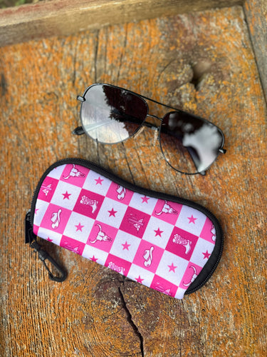 Pink western checkered print sunglasses case