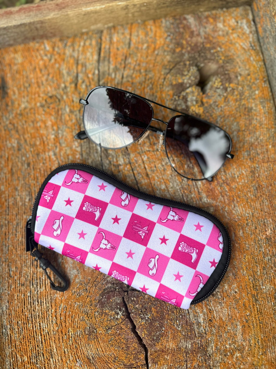 Pink western checkered print sunglasses case