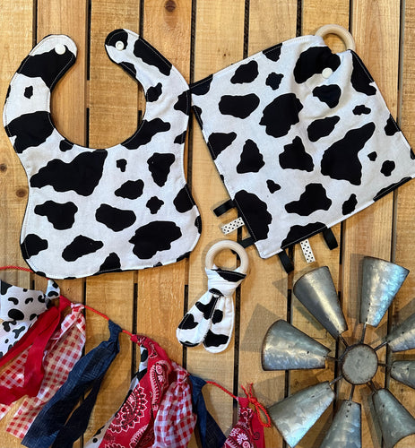 Cowprint baby set bib/ tag lovely/teether toy