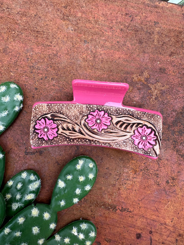 Pink floral tooled claw hair clip