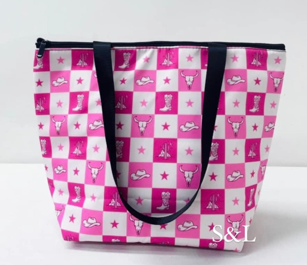 Pink western checkered print large cooler tote bag