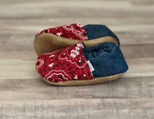 Load image into Gallery viewer, Red paisley denim print baby moccasins