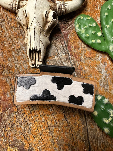 Black and white cowprint tooled leather claw clip