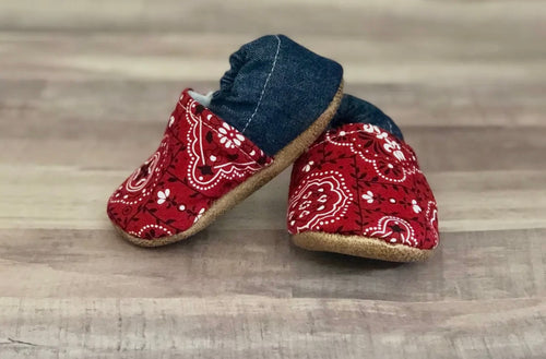 Red paisley denim print baby moccasins