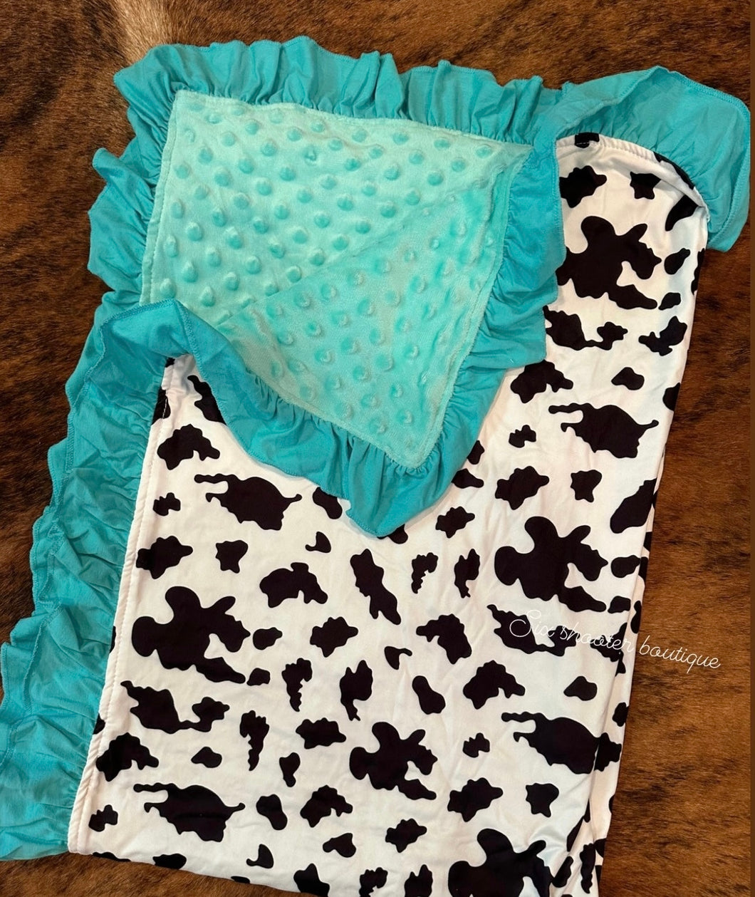 Turquoise ruffle cowprint baby Minky blanket