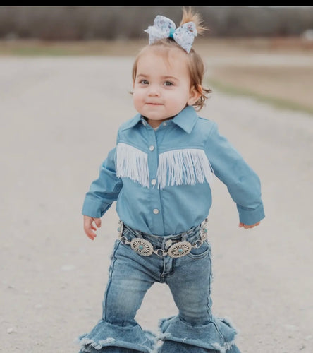 Denim fringe baby pearl snap
