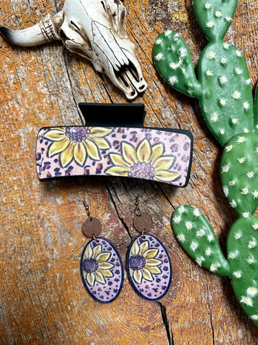 Cheetah floral claw hair clip/ earring set (sale)