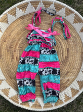 Load image into Gallery viewer, Cowprint pink bow romper