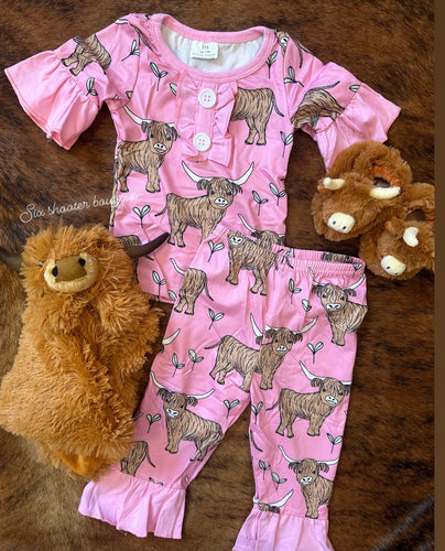 Pink ruffle highlander pj set