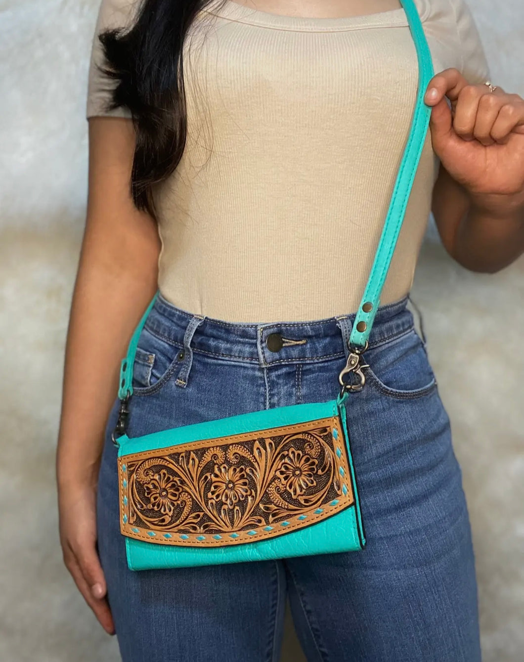 Turquoise tooled small cross body purse