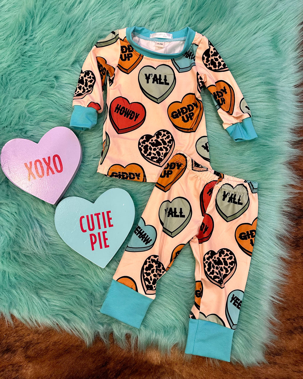 Turquoise cowkids Valentine’s Day pj set (sale)