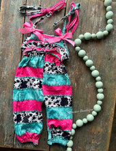 Load image into Gallery viewer, Cowprint pink bow romper