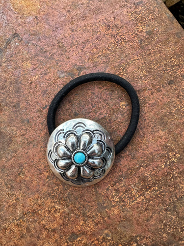 Turquoise and silver concho hair tie