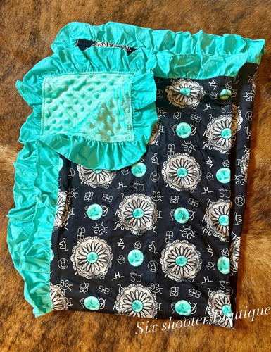 Turquoise Concho ruffle baby Minky blanket