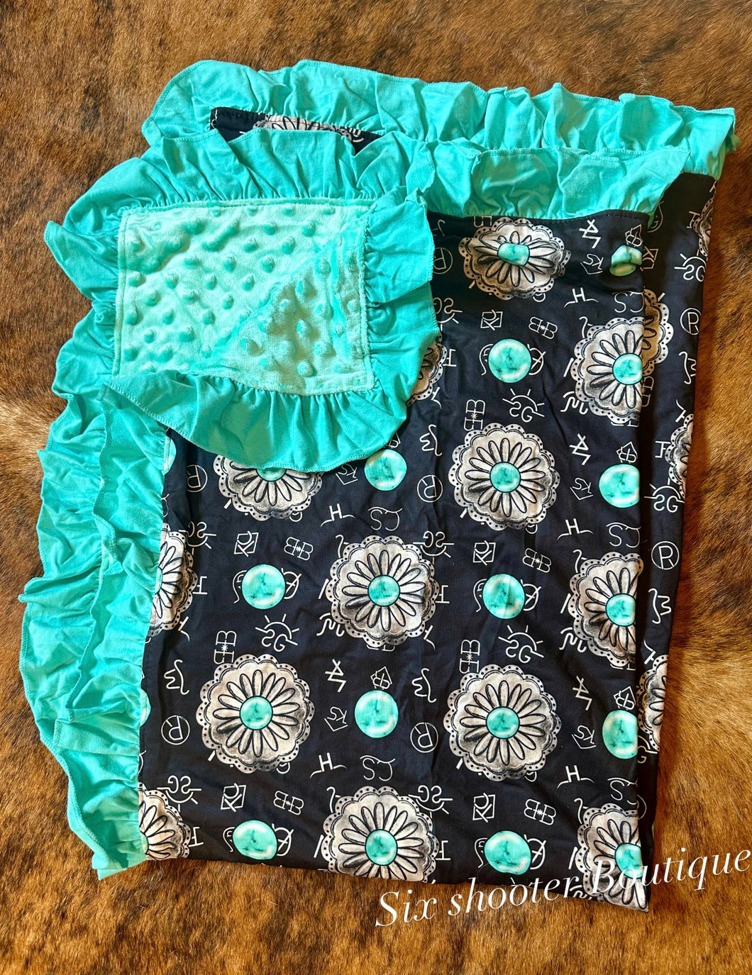 Turquoise Concho ruffle baby Minky blanket