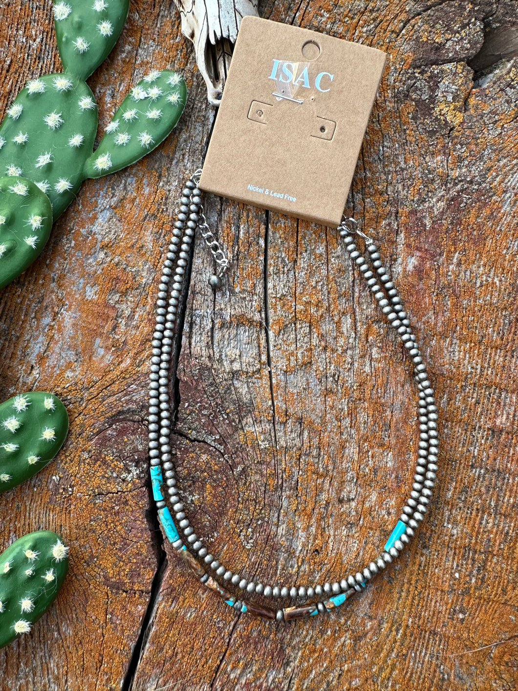 Turquoise and bronze silver tubular necklace