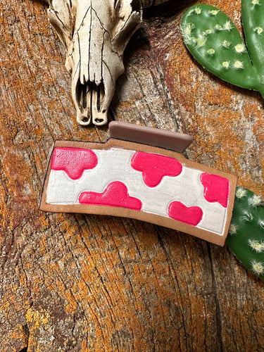Pink and white cowprint tooled leather claw clip