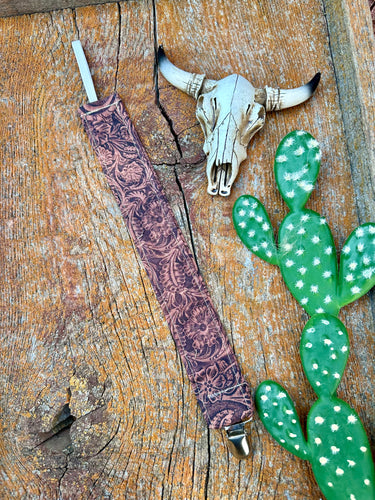 Brown tooled look baby pacifier clip