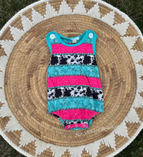 Load image into Gallery viewer, Cowprint cowgirl romper