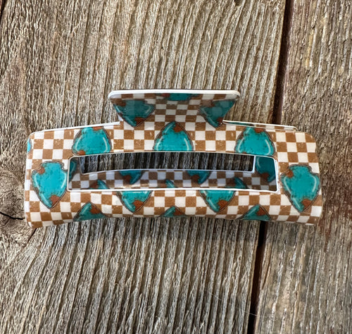 Turquoise spade checkered hair claw clip