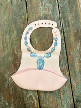 Load image into Gallery viewer, Blue lariat necklace on pink no drip baby bib