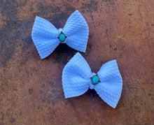 Load image into Gallery viewer, White and turquoise baby piggy bow clips