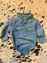 Load image into Gallery viewer, Denim baby pearl snap onesie