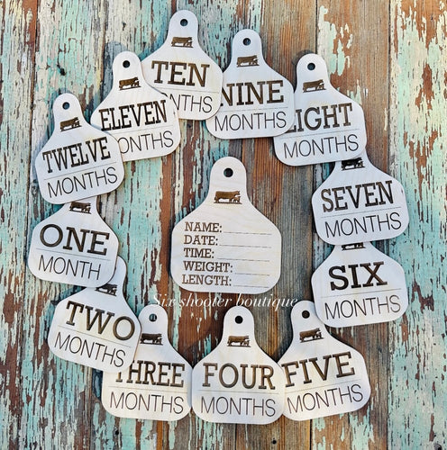 Cow tag birth announcement/ baby milestone tags