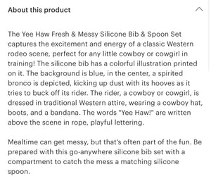 Yeehaw no drip bib and silicone spoon