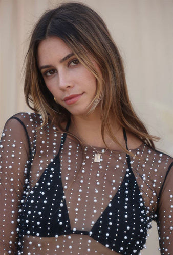 Black pearl and rhinestone mesh top