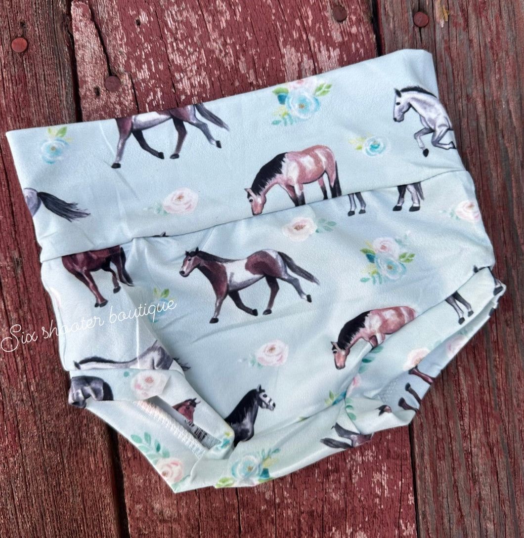 Blue floral horse baby bummie shorts