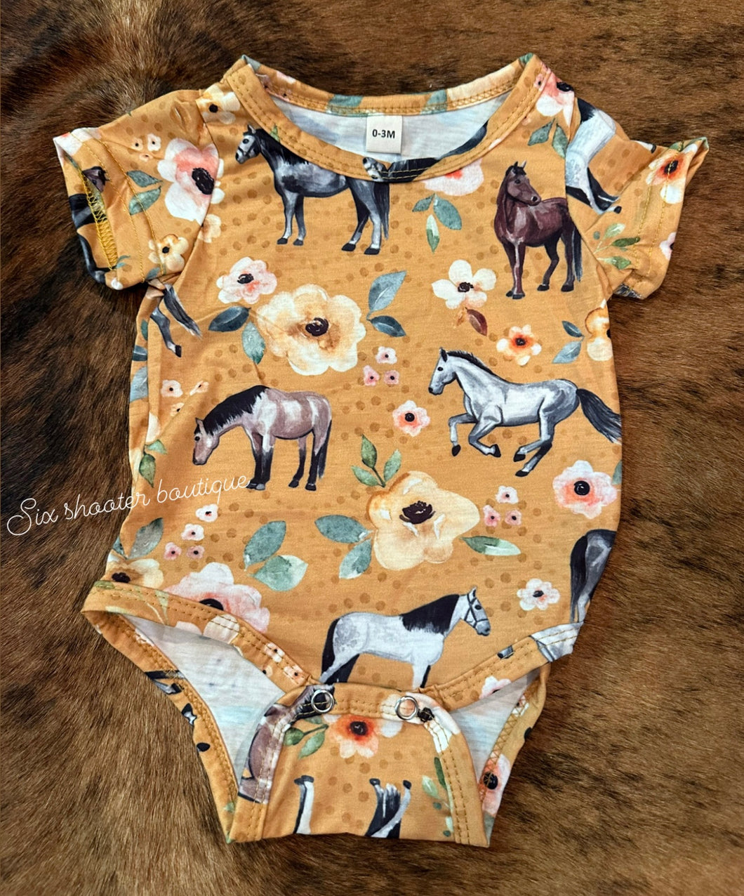 Yellow floral horse baby bamboo onesie