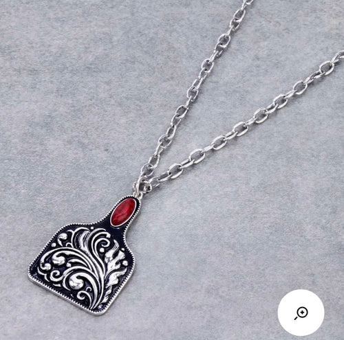 Red cattle tag necklace