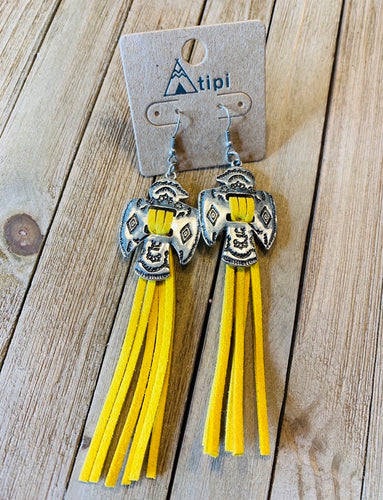 Yellow fringe thunderbird earrings