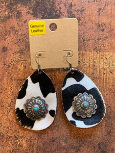 Black and white leather concho earrings