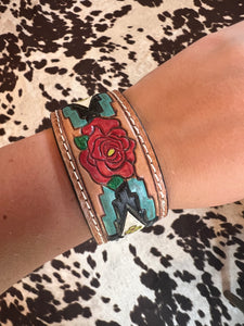 Rose Aztec leather tooled bracelet