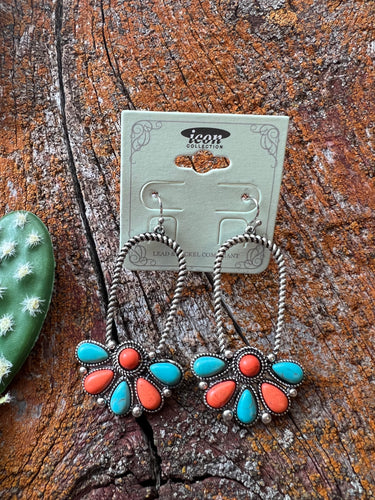 Turquoise and orange cluster earrings