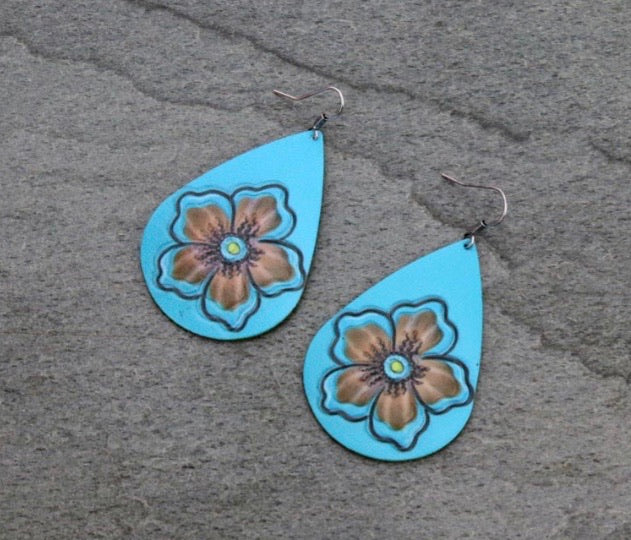 Turquoise leather tooled flower earrings