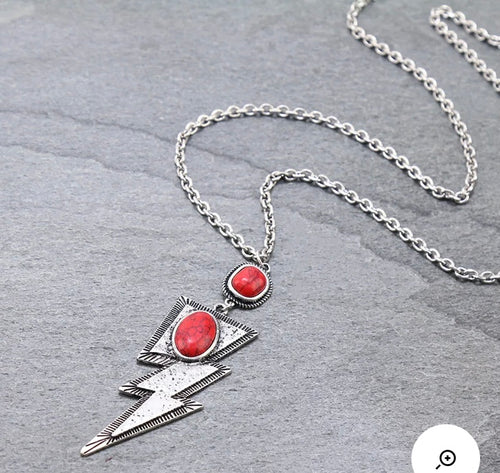 Red and silver long bolt necklace