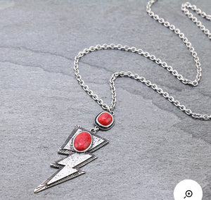 Red and silver long bolt necklace